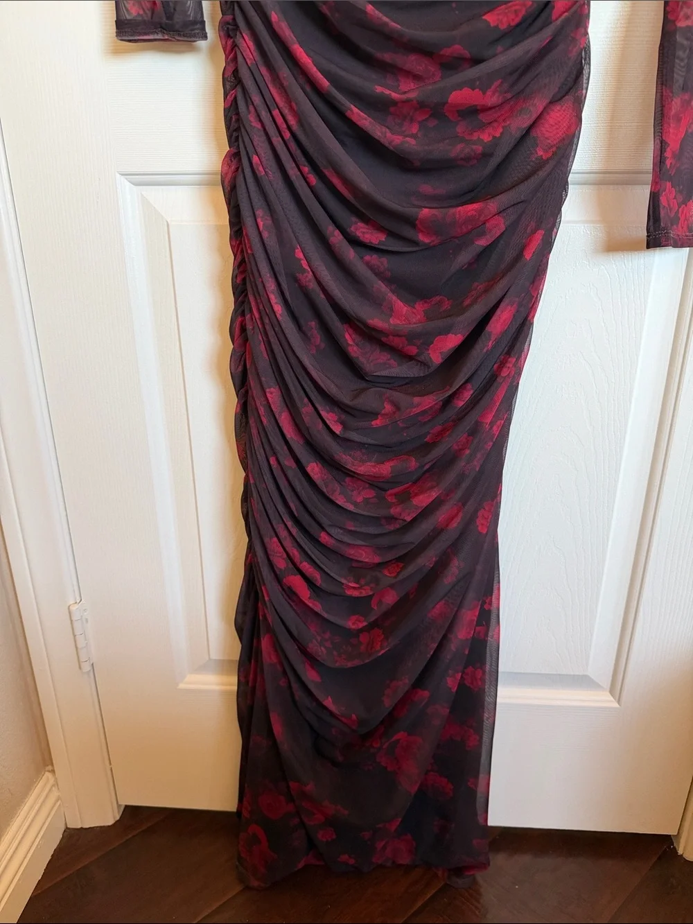 Abercrombie & Fitch Burgundy Floral Ruched Off-Shoulder Long Sleeve Maxi Dress